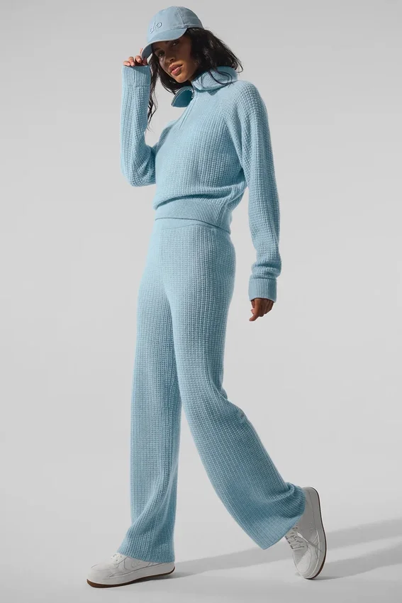 Pull en cachemire moelleux à motif gaufré avec fermeture éclair 1/4 - Bleu céleste chiné