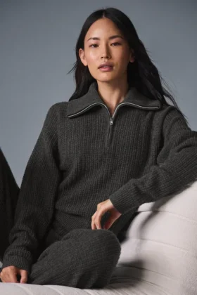 Pull en cachemire moelleux à motif gaufré avec fermeture éclair 1/4 - Gris chiné foncé