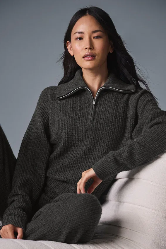 Pull en cachemire moelleux à motif gaufré avec fermeture éclair 1/4 - Gris chiné foncé