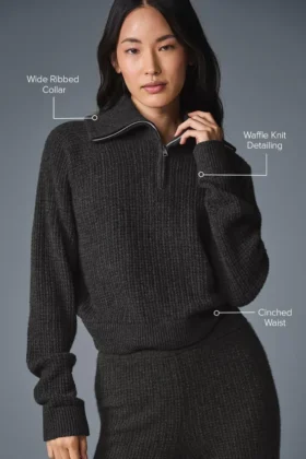 Pull en cachemire moelleux à motif gaufré avec fermeture éclair 1/4 – Gris chiné foncé