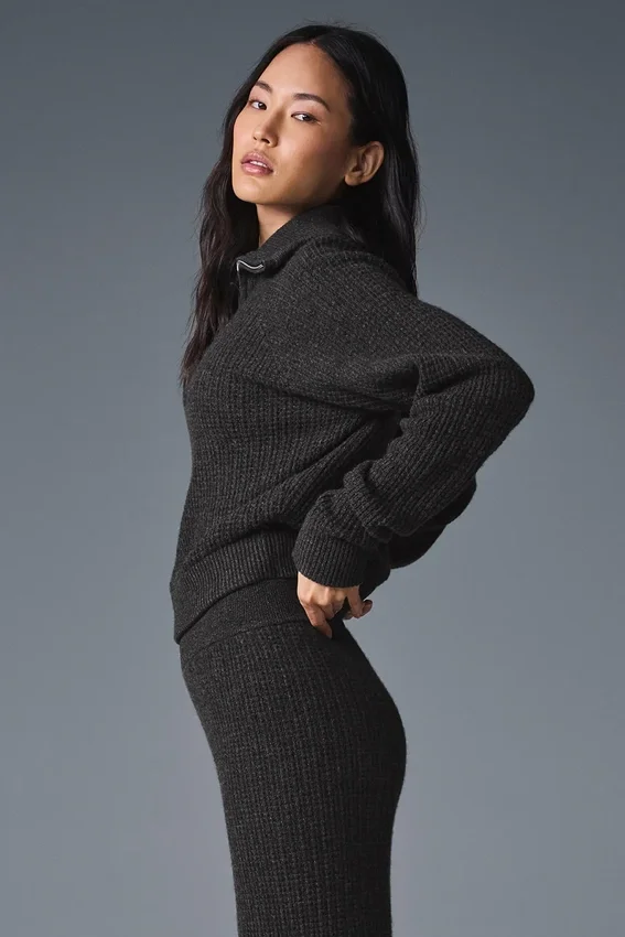 Pull en cachemire moelleux à motif gaufré avec fermeture éclair 1/4 - Gris chiné foncé