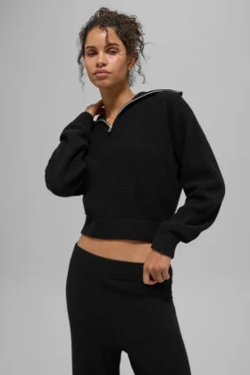 Pull en cachemire moelleux à motif gaufré avec fermeture éclair 1/4 - Noir
