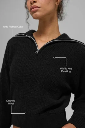 Pull en cachemire moelleux à motif gaufré avec fermeture éclair 1/4 – Noir