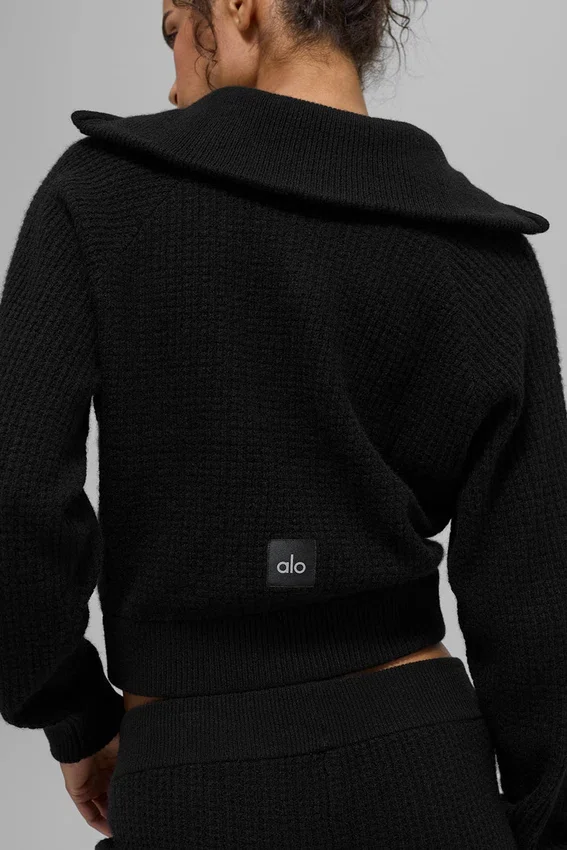 Pull en cachemire moelleux à motif gaufré avec fermeture éclair 1/4 - Noir