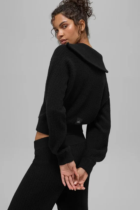 Pull en cachemire moelleux à motif gaufré avec fermeture éclair 1/4 - Noir