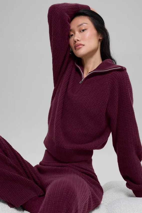 Pull en cachemire moelleux à motif gaufré et fermeture à glissière 1/4 - Bordeaux