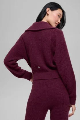 Pull en cachemire moelleux à motif gaufré et fermeture à glissière 1/4 – Bordeaux