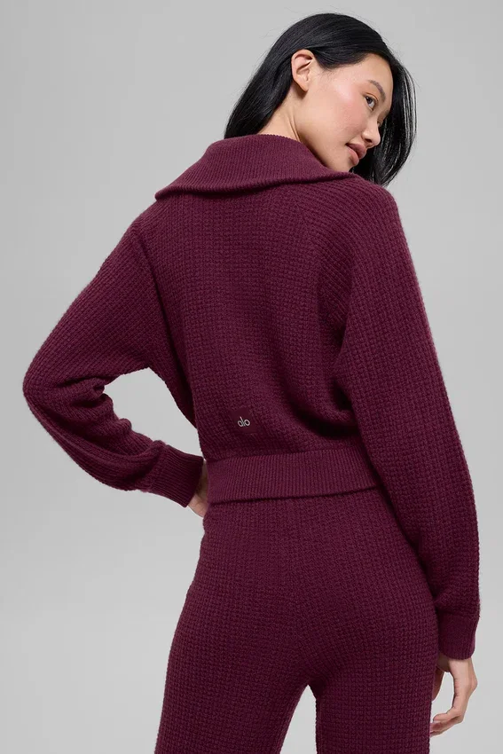 Pull en cachemire moelleux à motif gaufré et fermeture à glissière 1/4 - Bordeaux