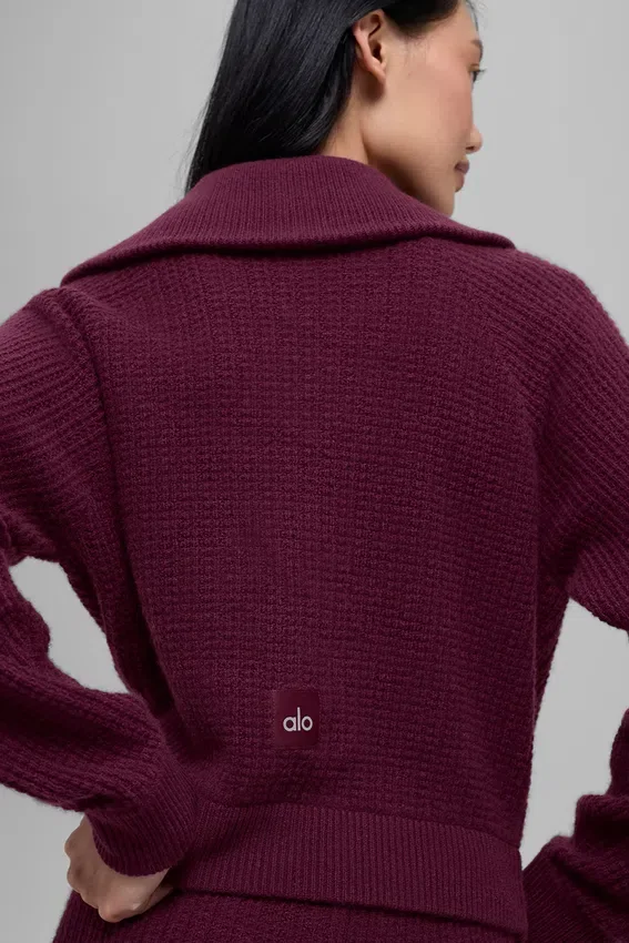 Pull en cachemire moelleux à motif gaufré et fermeture à glissière 1/4 - Bordeaux