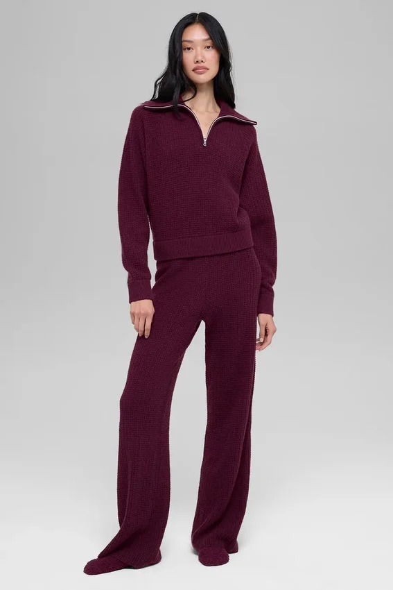 Pull en cachemire moelleux à motif gaufré et fermeture à glissière 1/4 - Bordeaux