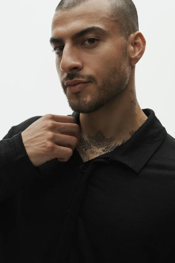 Pull à manches longues en jersey de lin « Coastal » – Noir