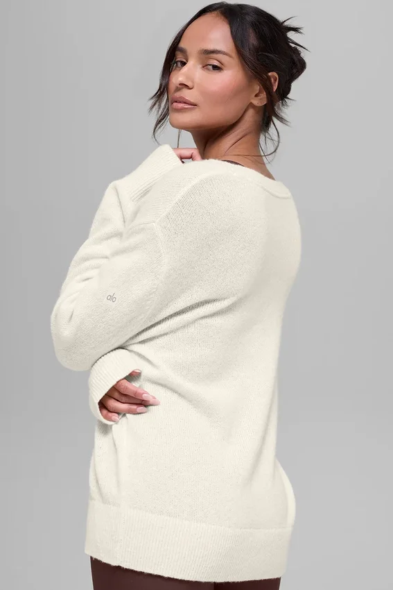 Pull oversize à col en V en laine et cachemire New Class - Ivoire