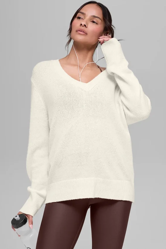 Pull oversize à col en V en laine et cachemire New Class - Ivoire
