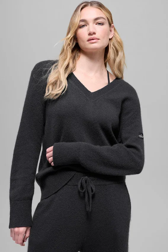 Pull oversize en laine et cachemire « New Class » à col en V – Noir