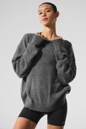 Pull unisexe à col rond « New Class » en laine et cachemire - Gris platine