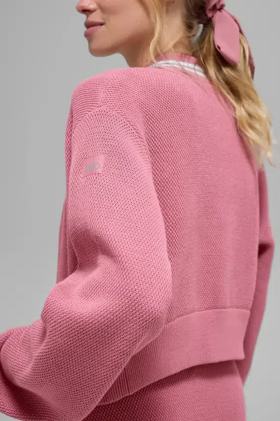 Pull zippé intégral en maille Tennis Club – Rose sauvage/Blanc