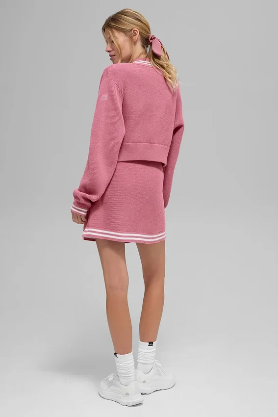 Pull zippé intégral en maille Tennis Club – Rose sauvage/Blanc