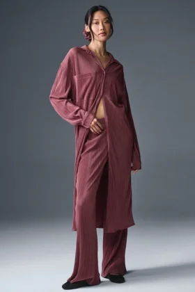 Robe-chemise micro-plissée - Truffe bordeaux