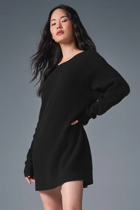 Robe en cachemire moelleux à motif gaufré - Noir
