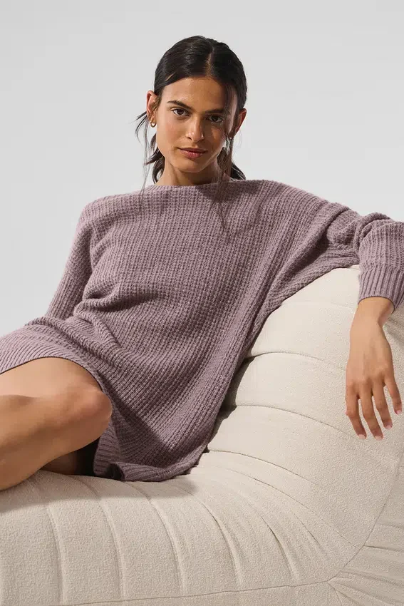 Robe en cachemire moelleux à texture gaufrée - Gris chiné champignon