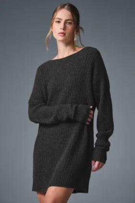 Robe en cachemire moelleux à texture gaufrée - Gris chiné foncé