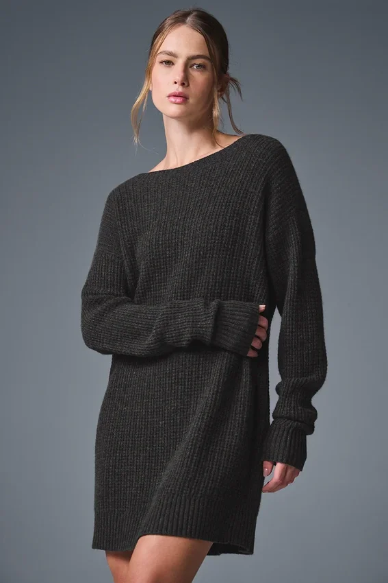 Robe en cachemire moelleux à texture gaufrée - Gris chiné foncé