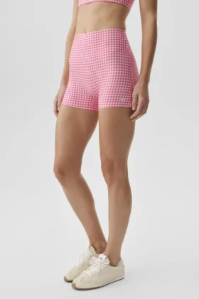 Short ajusté High-Waist Airlift à carreaux, 3" - Carreaux rose paradis