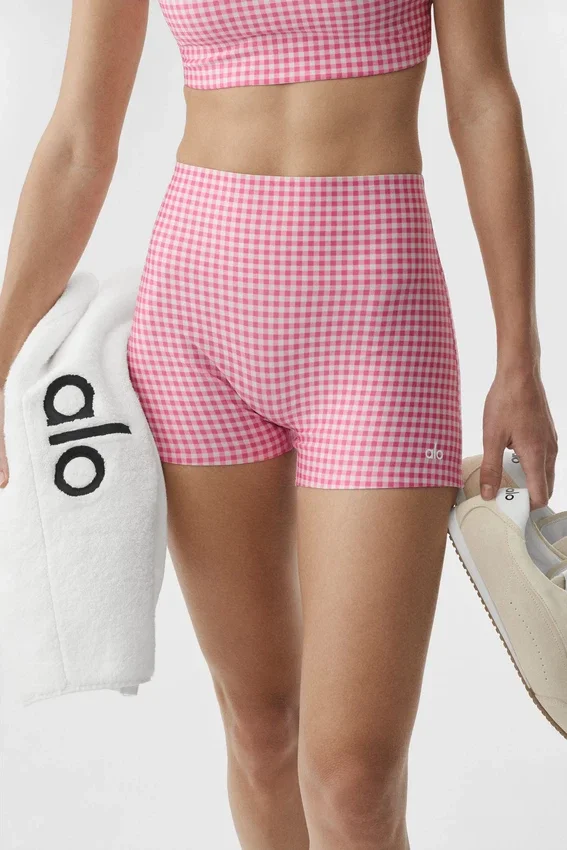 Short ajusté High-Waist Airlift à carreaux, 3" - Carreaux rose paradis