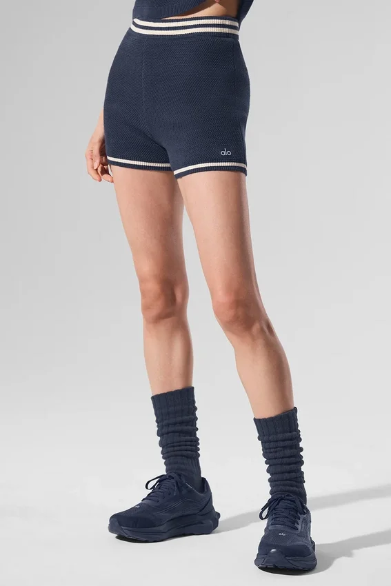 Short court en maille « Tennis Club » - Bleu marine/Ivoire