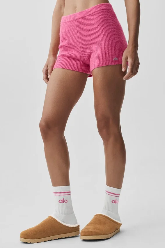 Shorts Noble en laine et cachemire à côtes – Rose paradisiaque