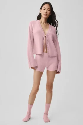 Shorts Noble en laine et cachemire à côtes – Rose vintage