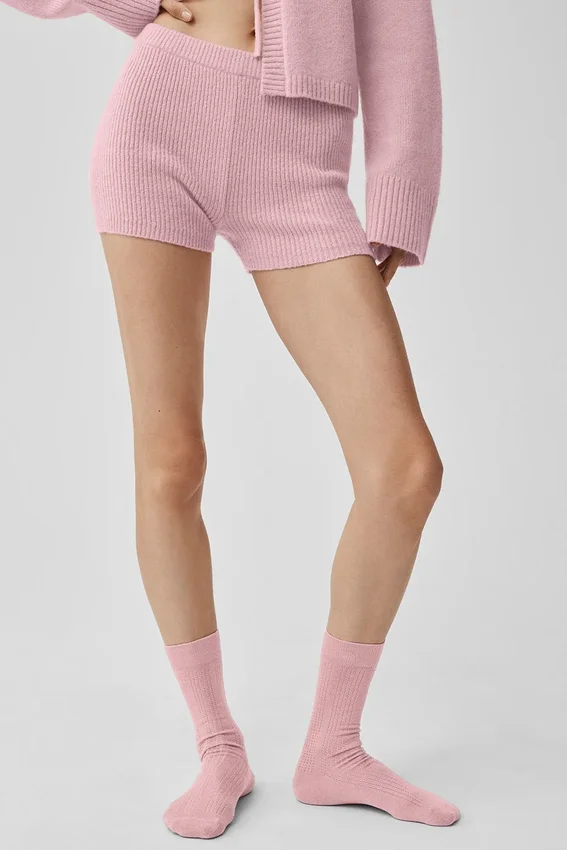 Shorts Noble en laine et cachemire à côtes – Rose vintage