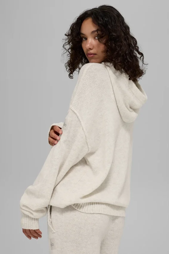 Sweat à capuche New Class en laine et cachemire - Blanc cassé chiné