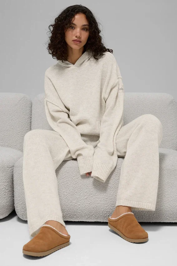 Sweat à capuche New Class en laine et cachemire - Blanc cassé chiné