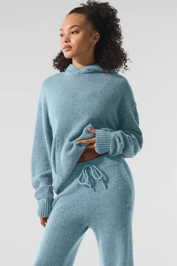 Sweat à capuche New Class en laine et cachemire - Bleu céleste granité chiné