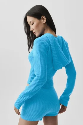 Sweat à capuche Noble en laine et cachemire à côtes, fermeture éclair intégrale – Bleu azur