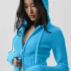 Sweat à capuche Noble en laine et cachemire à côtes, fermeture éclair intégrale - Bleu azur