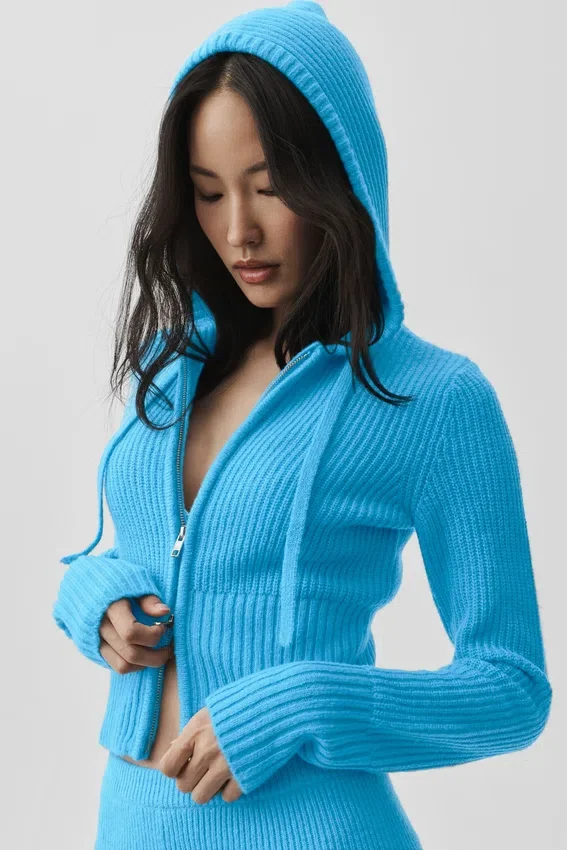 Sweat à capuche Noble en laine et cachemire à côtes, fermeture éclair intégrale - Bleu azur