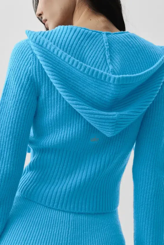 Sweat à capuche Noble en laine et cachemire à côtes, fermeture éclair intégrale - Bleu azur