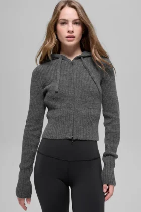 Sweat à capuche Noble en laine et cachemire à côtes, fermeture éclair intégrale - Gris platine