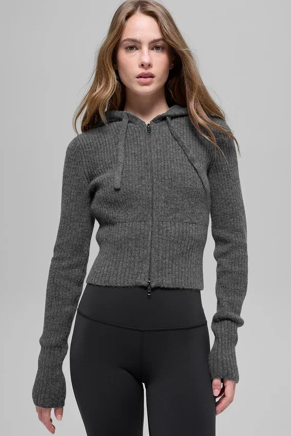 Sweat à capuche Noble en laine et cachemire à côtes, fermeture éclair intégrale - Gris platine