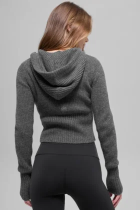 Sweat à capuche Noble en laine et cachemire à côtes, fermeture éclair intégrale – Gris platine