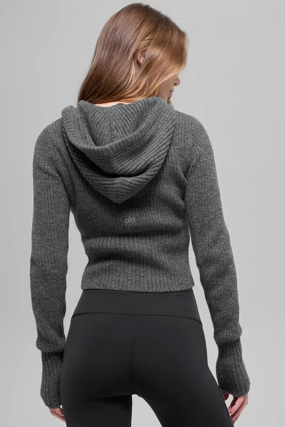 Sweat à capuche Noble en laine et cachemire à côtes, fermeture éclair intégrale - Gris platine