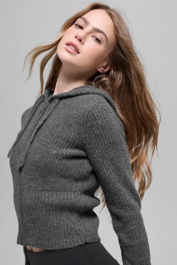 Sweat à capuche Noble en laine et cachemire à côtes, fermeture éclair intégrale - Gris platine