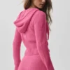 Sweat à capuche Noble en laine et cachemire à côtes, fermeture éclair intégrale - Rose paradis