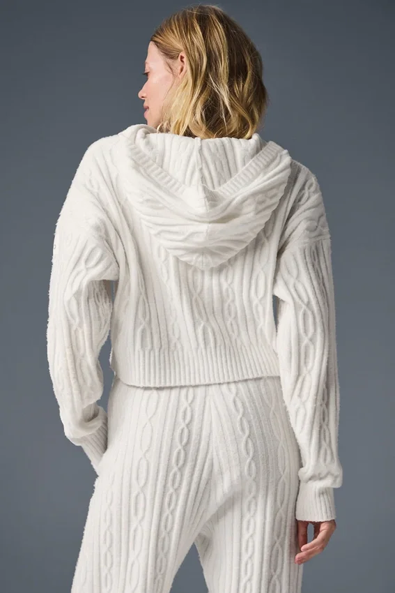 Sweat à capuche « Winter Bliss » en maille torsadée - Ivoire