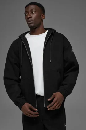 Sweat à capuche zippé en toile de coton - Noir