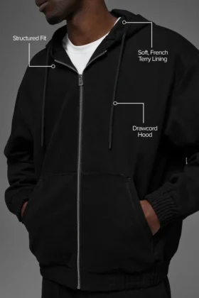 Sweat à capuche zippé en toile de coton – Noir