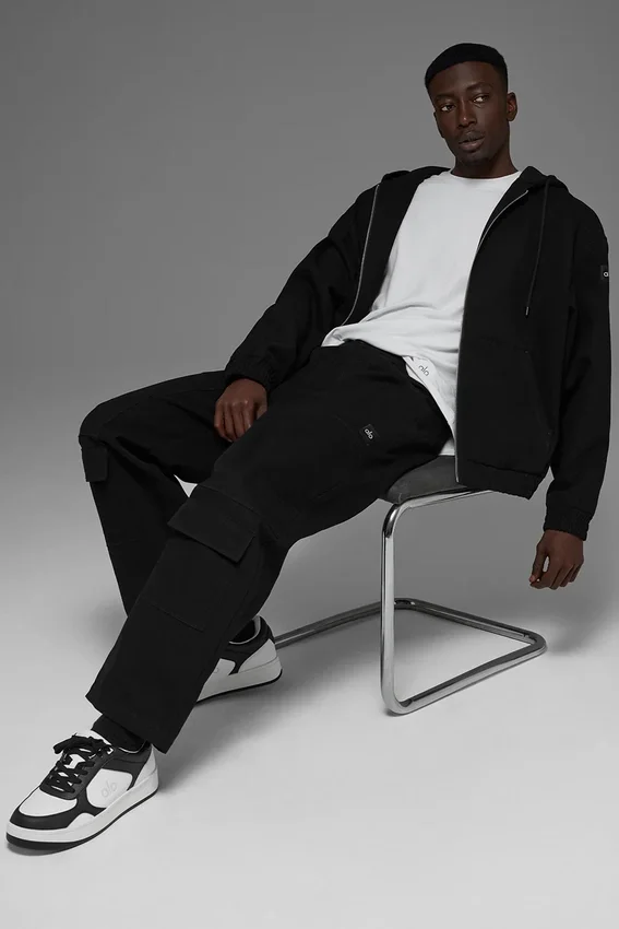 Sweat à capuche zippé en toile de coton - Noir