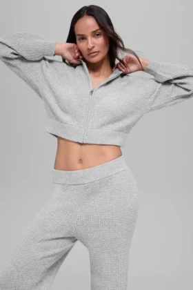 Sweat à capuche zippé intégral en cachemire moelleux à motif gaufré - Gris chiné athlétique